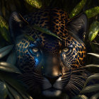 Leopard Face in Lush Green Foliage with Blue Eyes