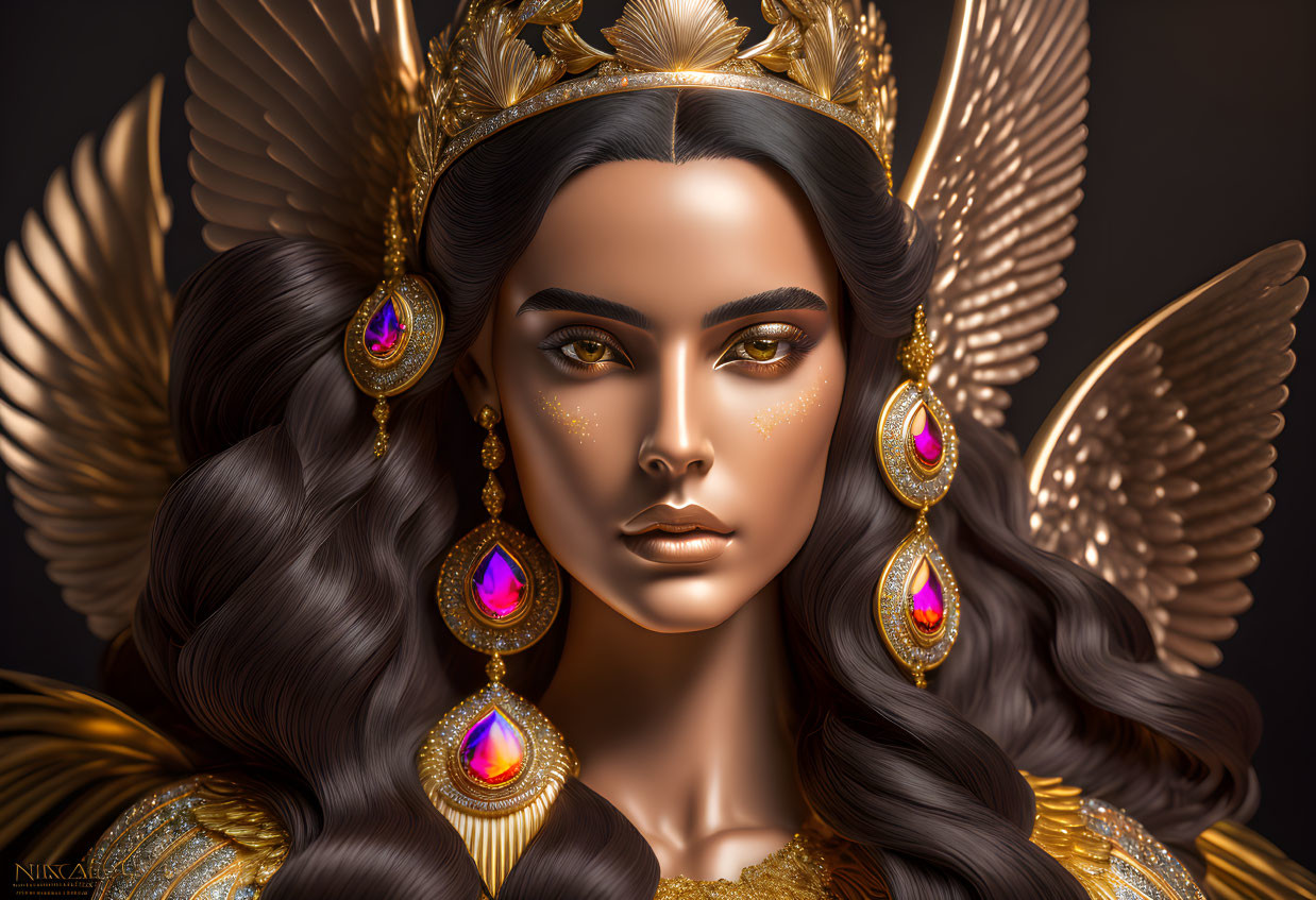 Regal Woman with Golden Headpiece and Wing Motifs