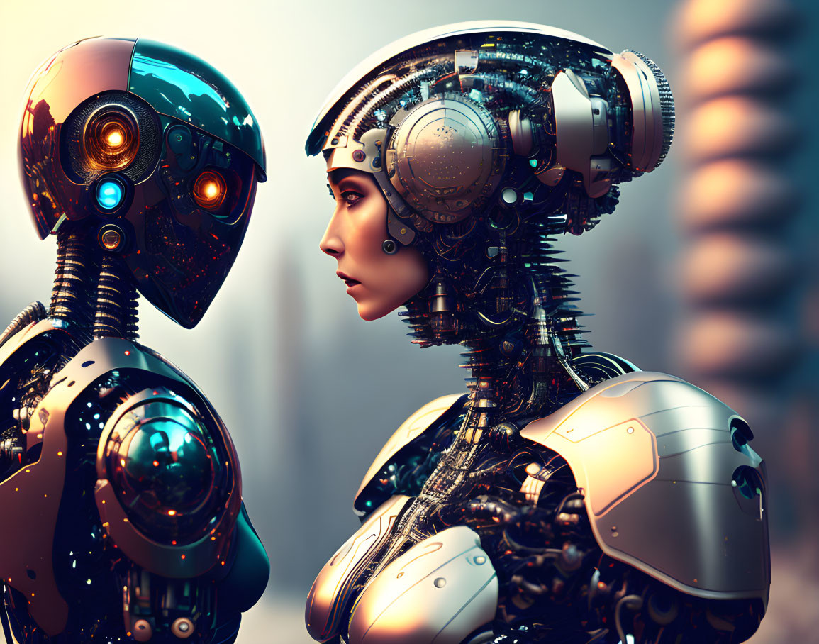 Intricate humanoid robot and robotic figure with human-like face in confrontation