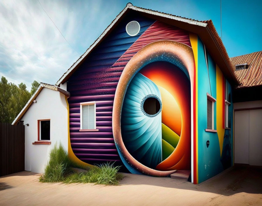 Vibrantly Painted House with Swirling Vortex Optical Illusion