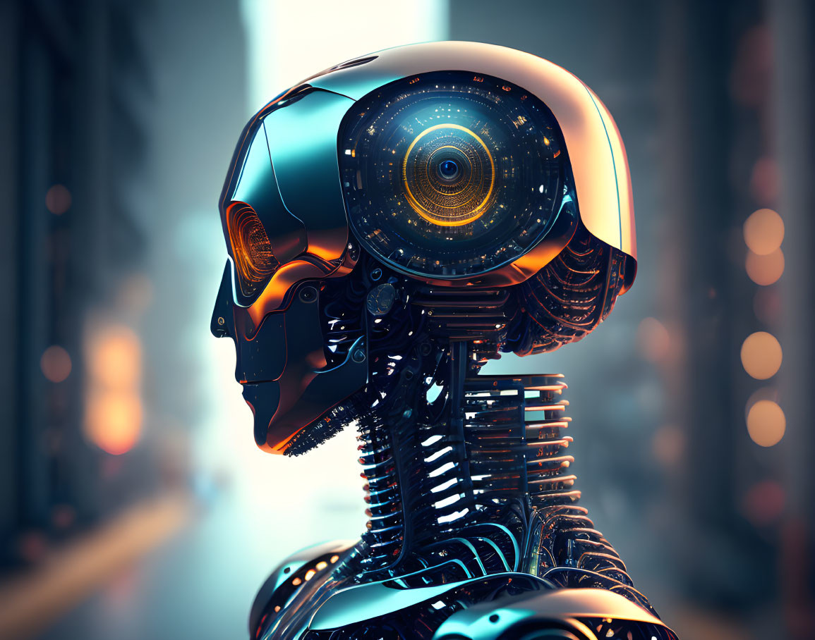 Detailed Futuristic Robot with Transparent Head and Glowing Elements Against Urban Backdrop