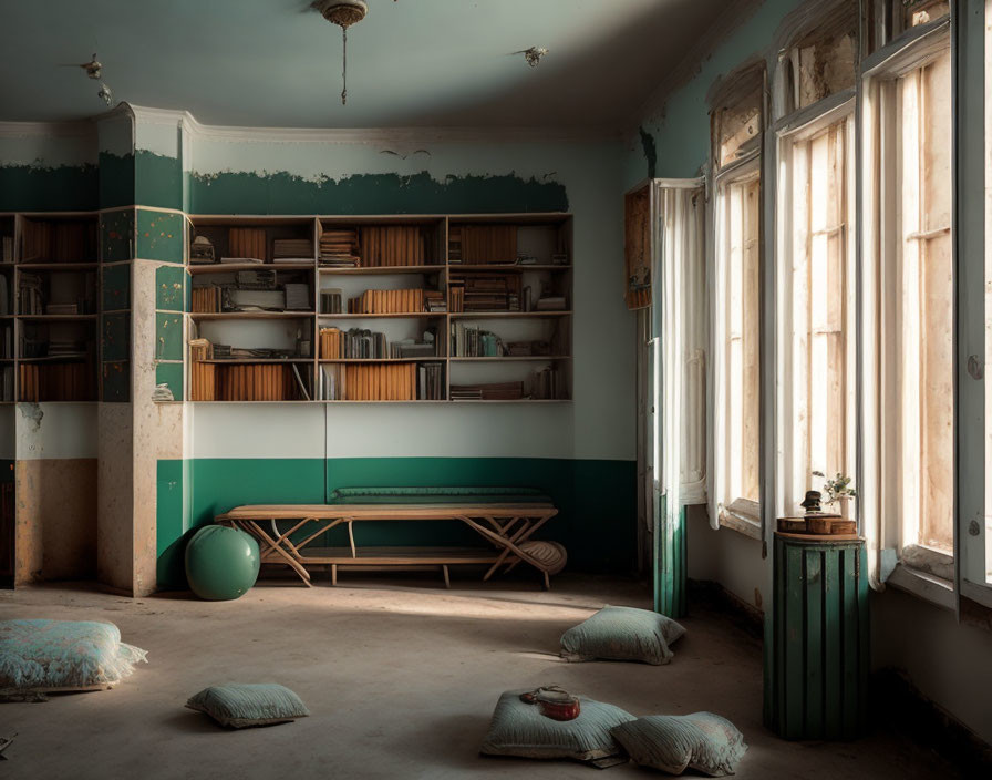 Sunlit Old Room with Bookshelf, Green Bench, and Peeling Walls