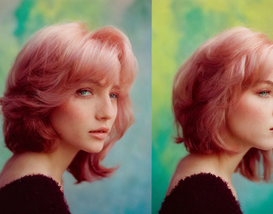 Pink-haired person with blue eyes in dual portrait against green and blue backgrounds