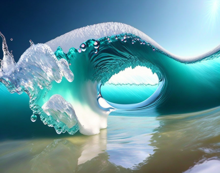 Turquoise Wave with Water Droplets Against Blue Sky