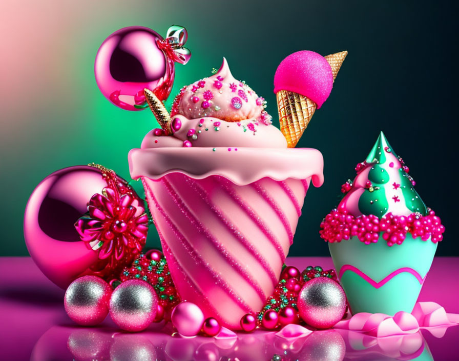 Whimsical cupcakes in pink tones with colorful sprinkles and glossy ornaments