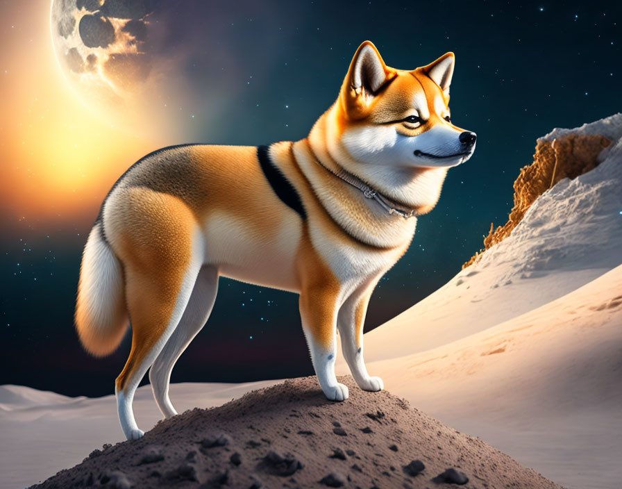 Shiba Inu Dog on Rocky Hill with Dramatic Sky