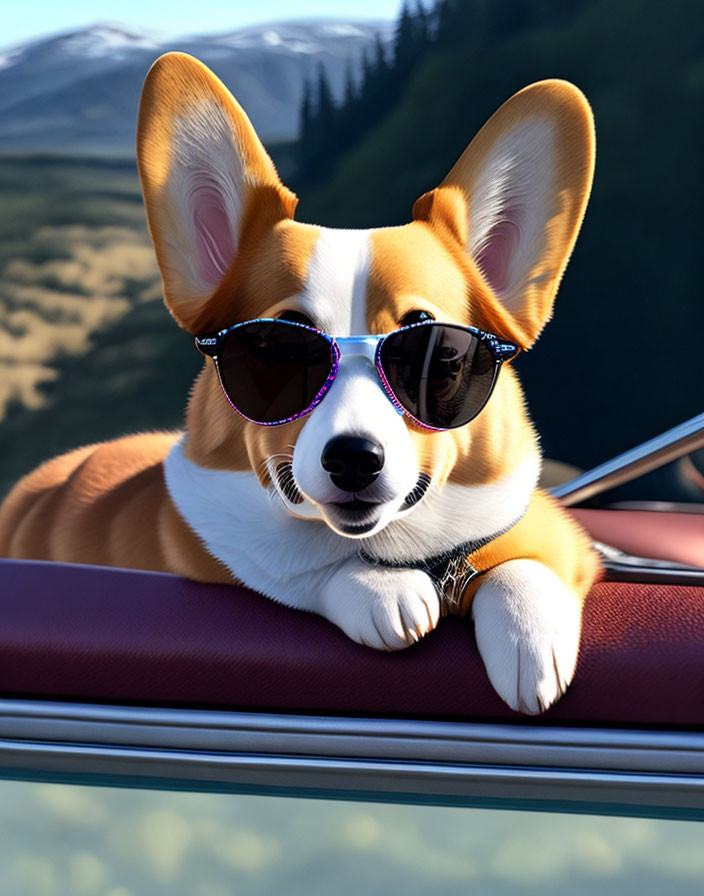 Corgi Dog with Sunglasses Resting Head on Car Window in Mountain Scene