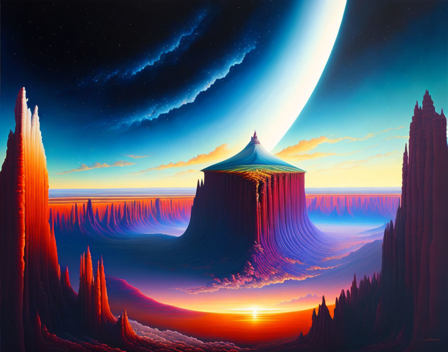 Sci-fi landscape with towering spires, mountain, and planet under starry sky
