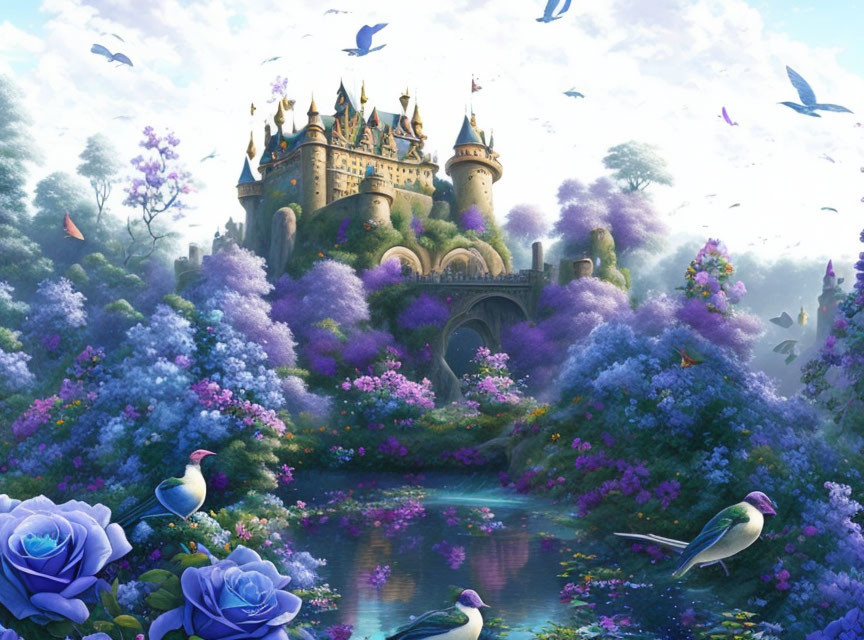 Fantasy landscape with fairy tale castle, pond, trees, flowers, and birds
