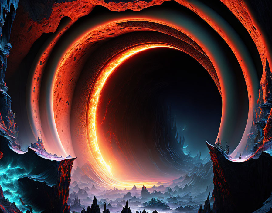 Sci-fi landscape with glowing orange ring over dark rocky terrain