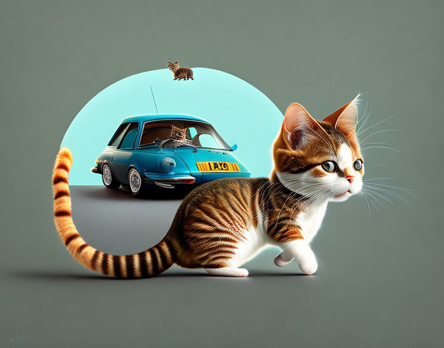 Stylized image of oversized kitten with smaller cat on vintage car in circular backdrop