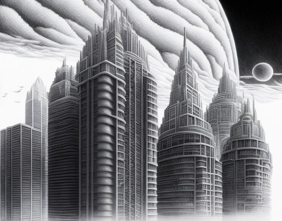 Monochromatic futuristic skyscrapers with intricate architecture under swirling clouds and a small planet in the dark