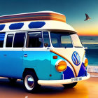 Vintage Volkswagen Camper Van on Beach at Sunset with Waves and Gradient Sky