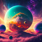 Colorful tree and planets in cosmic landscape.