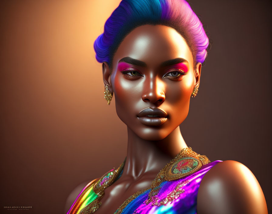 Vibrant 3D Portrait of Woman with Rainbow Hair & Striking Makeup