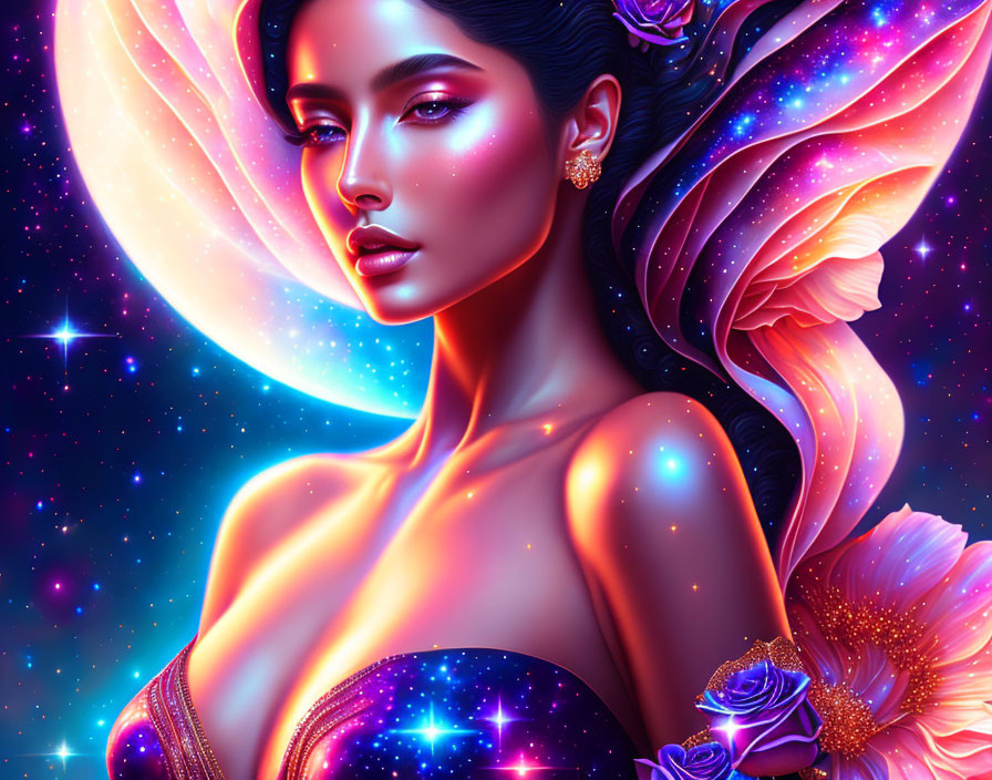 Digital portrait of woman with glowing skin, cosmic background, and floral hair adornments.