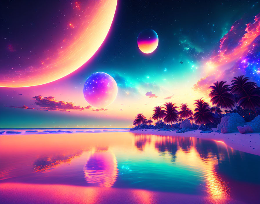 Colorful digital artwork of surreal beachscape with pink shore, palm trees, and celestial sky
