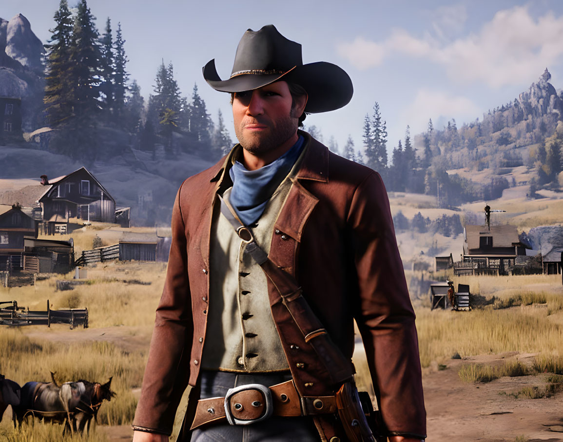 Cowboy in hat in Wild West setting with wooden buildings and pine trees.