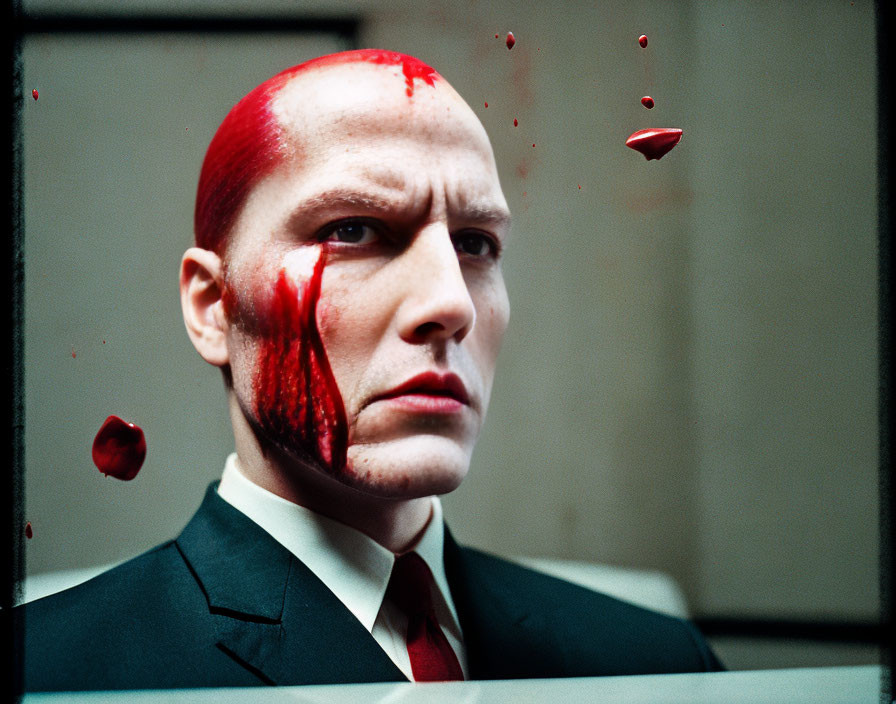 Man with Red-Painted Head and Bloody Streak Staring Intently