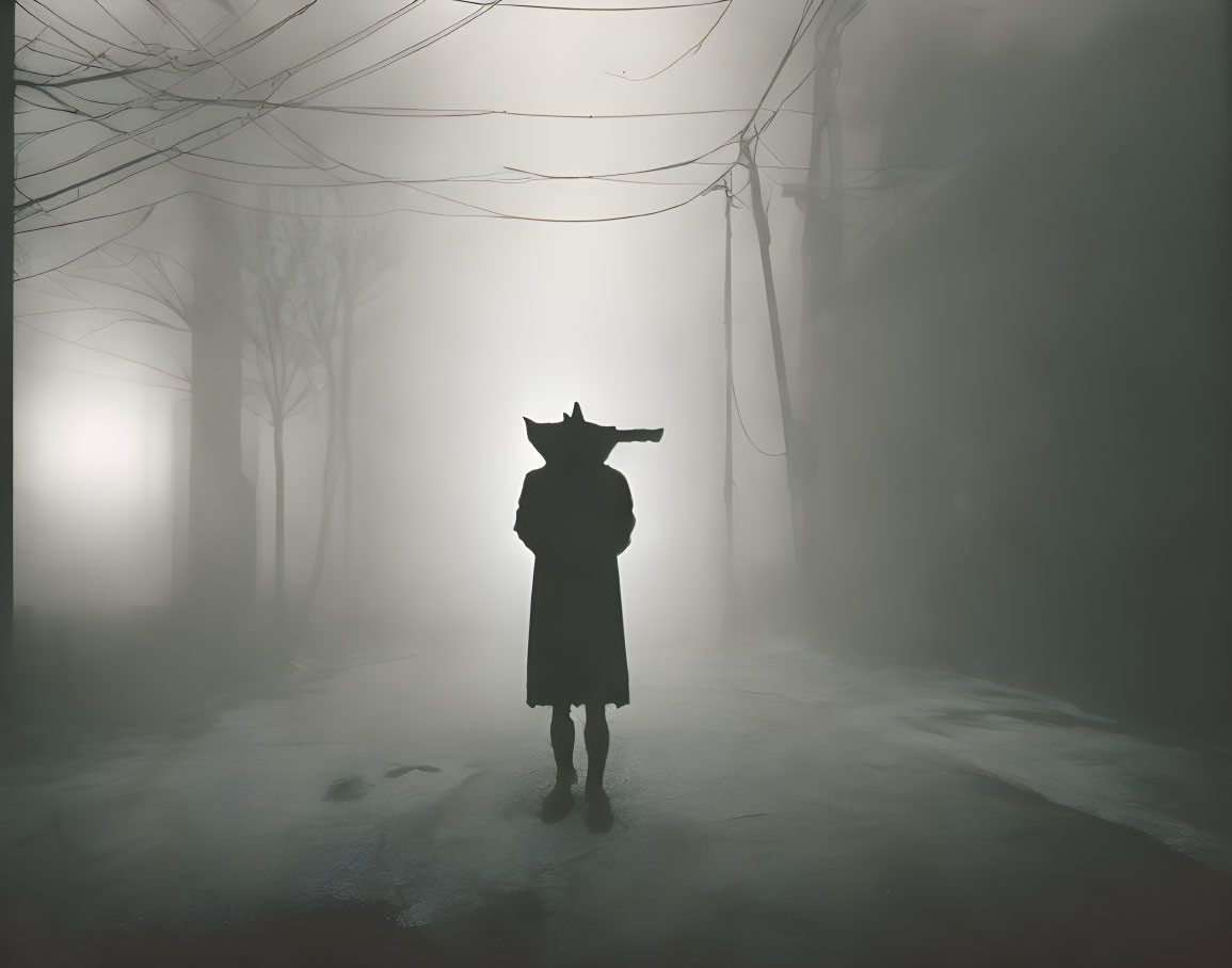 Mysterious Figure in Trench Coat on Foggy Urban Street