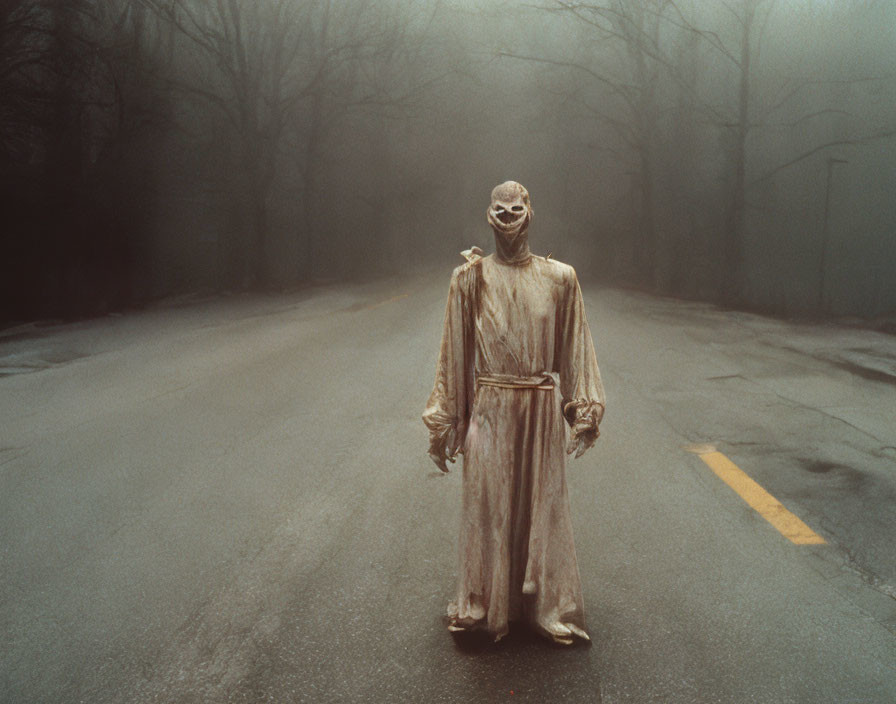 Person in Grim Reaper Costume on Foggy Road with Bare Trees
