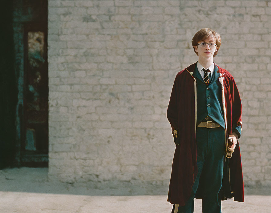 Young person in glasses, cape, uniform with wand in front of brick wall