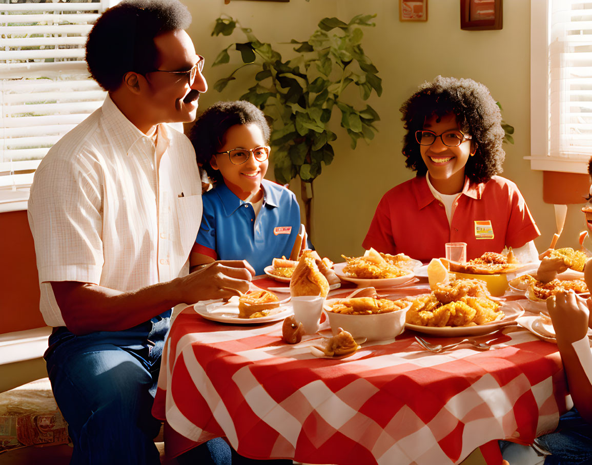 Happy family dining with fried chicken in cozy, sunlit room