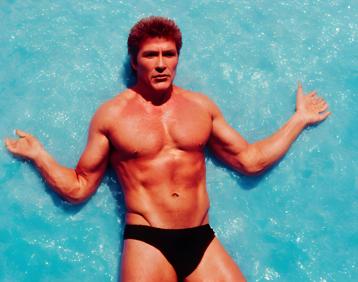 Muscular individual with tanned skin and reddish-brown hair posing confidently in a pool wearing black