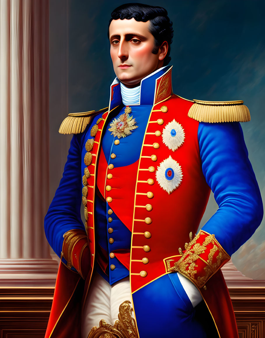 Historical military portrait of a man in blue coat with medals against columned backdrop