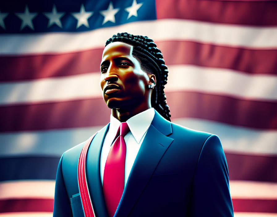 Illustration of confident man with braided hair in suit with striped tie before American flag