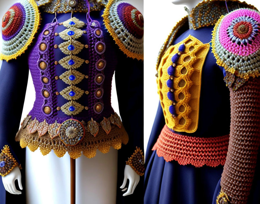 Colorful Crocheted Bodice with Flared Skirt on Mannequin, Sleeve Detail Close