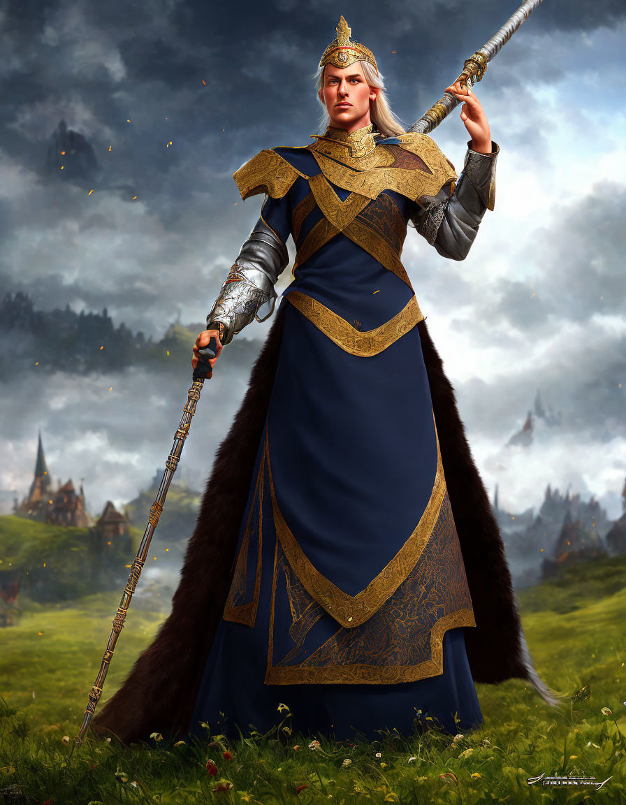 Medieval figure in armor with blue cape and scepter against stormy sky and castle.
