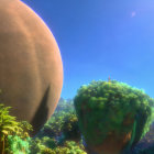 Surreal giant spherical object in lush jungle under hazy sky