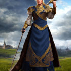 Medieval figure in armor with blue cape and scepter against stormy sky and castle.