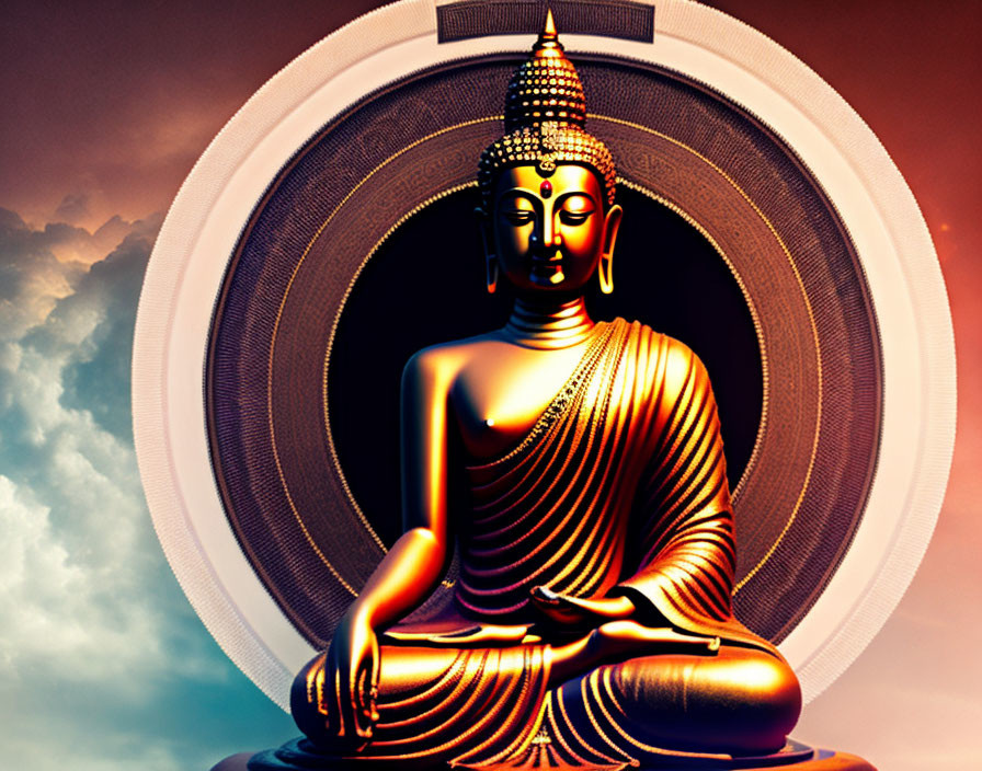 Serene Golden Buddha Statue Meditating in Clouds
