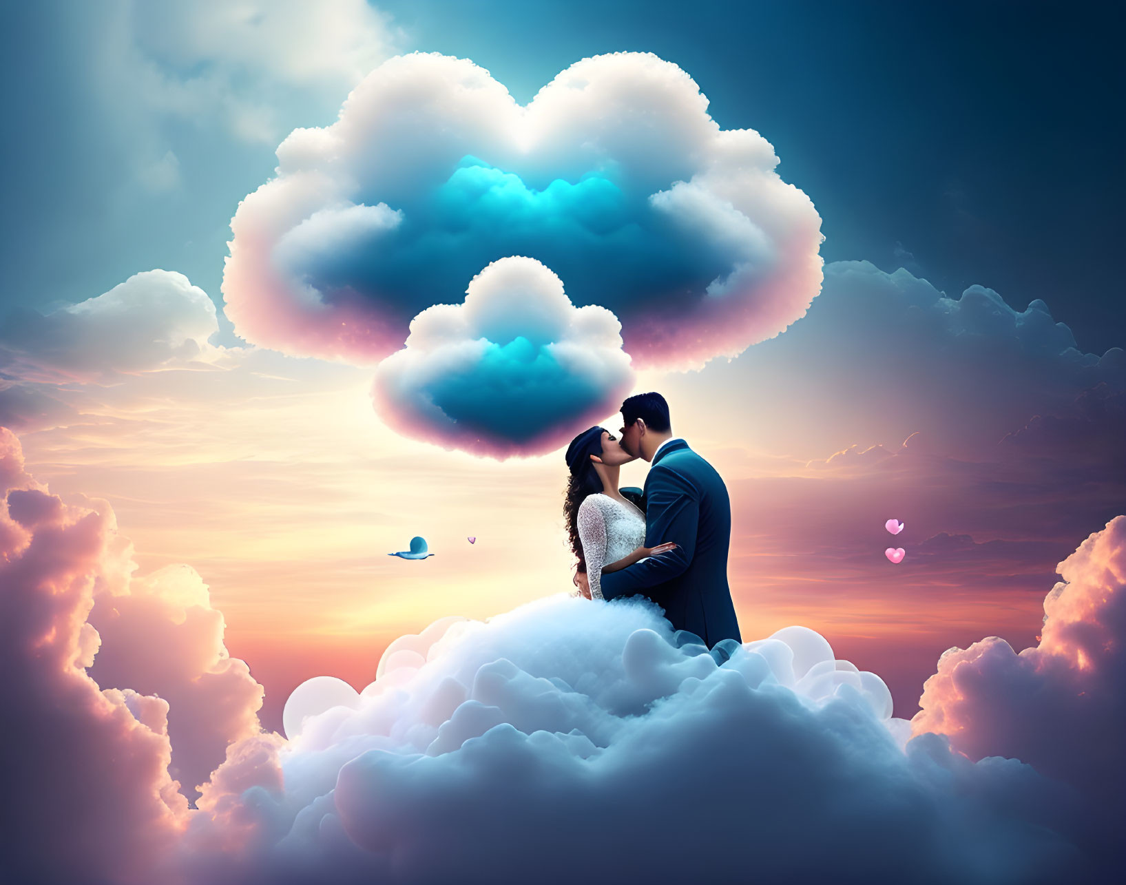 Formal attired couple kissing on heart-shaped cloud in dreamy dusk sky