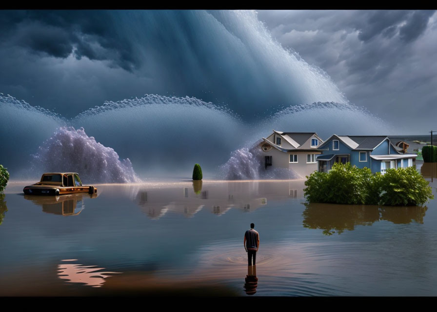 Surreal flood scene with giant wave, submerged houses, stranded car, and person in water