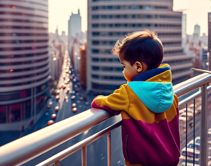 Child with colorful backpack overlooking busy city street