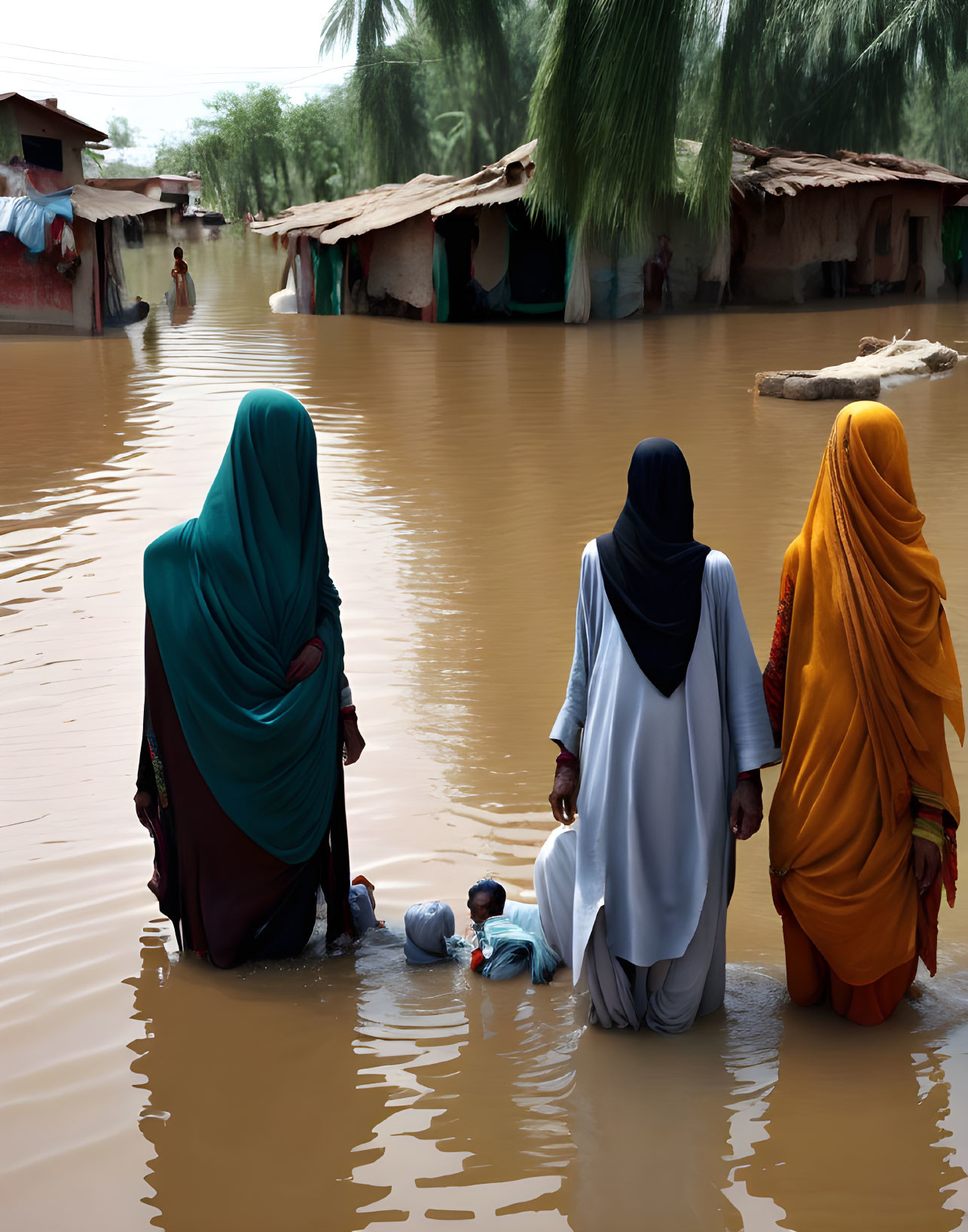 Three people in traditional attire standing in floodwaters with submerged houses.
