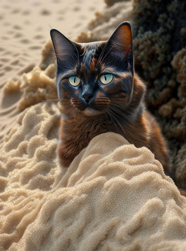 Detailed photorealistic cat portrait with captivating blue eyes on sandy coral backdrop