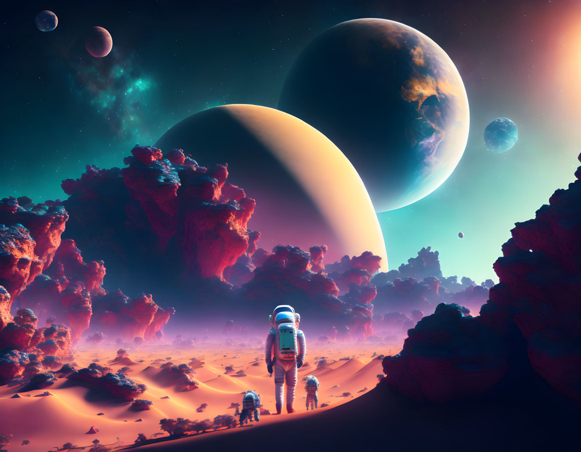 Astronaut and robot on rocky alien planet with ringed planets in sky