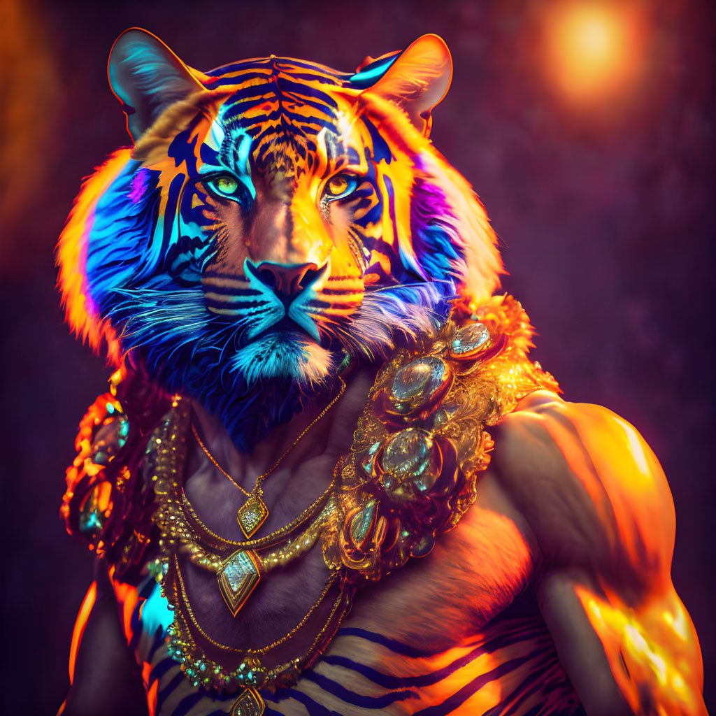 Colorful Human and Tiger Portrait with Blue and Orange Hues and Gold Jewelry