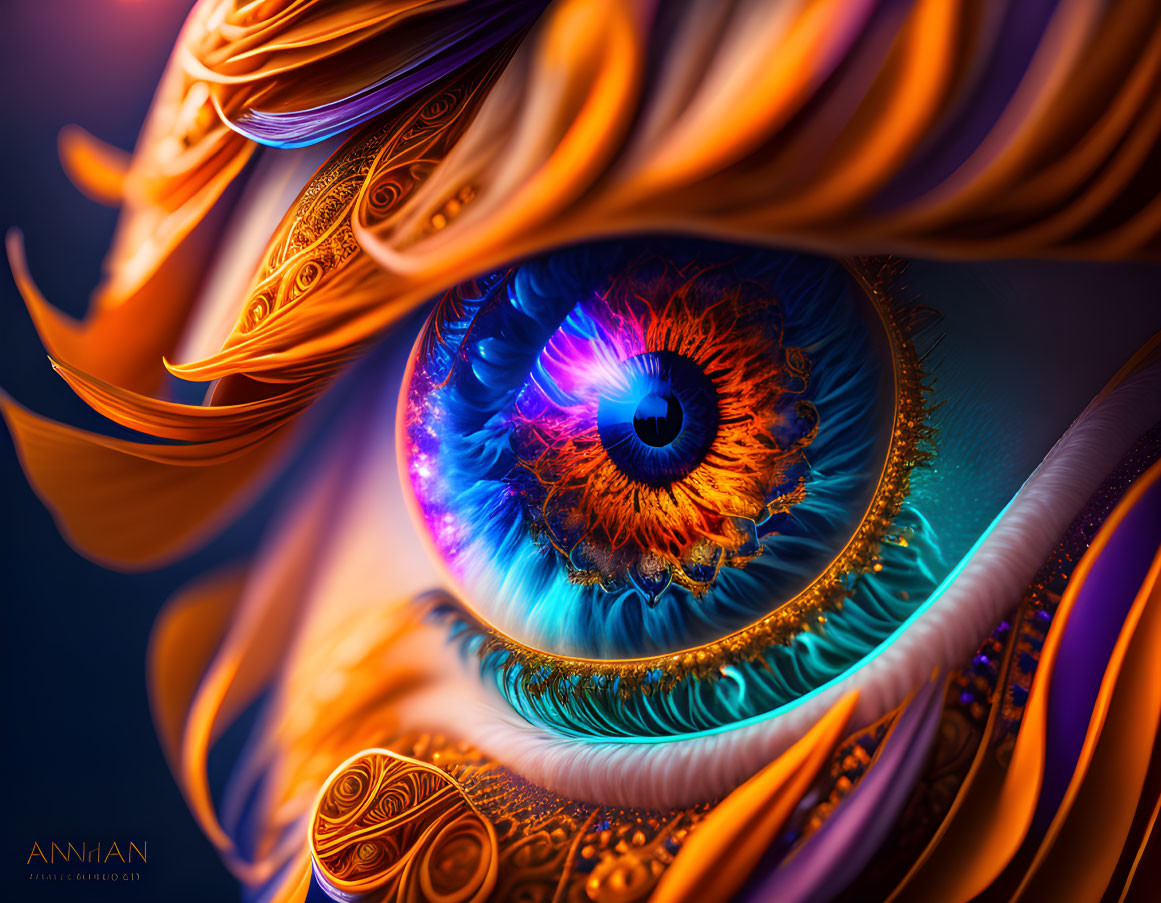 Detailed digital artwork: Abstract stylized eye with swirling patterns and blue iris