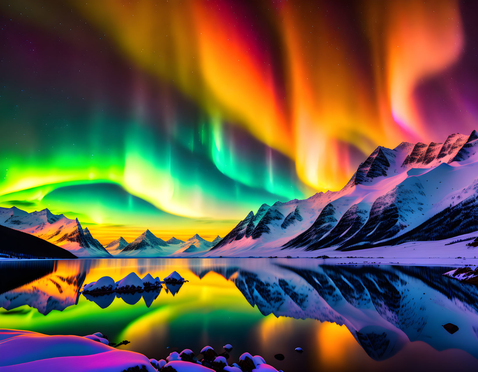 Aurora Borealis Reflecting on Snowy Mountains at Twilight