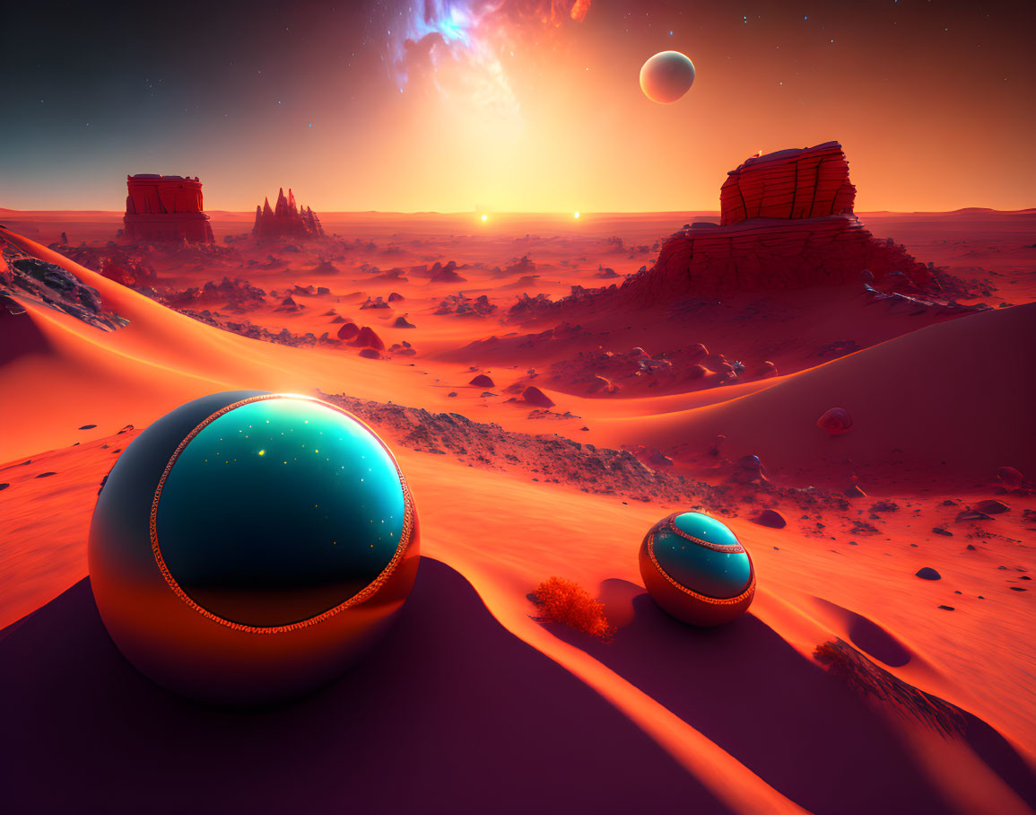 Vibrant surreal desert landscape with glowing spheres and alien structures