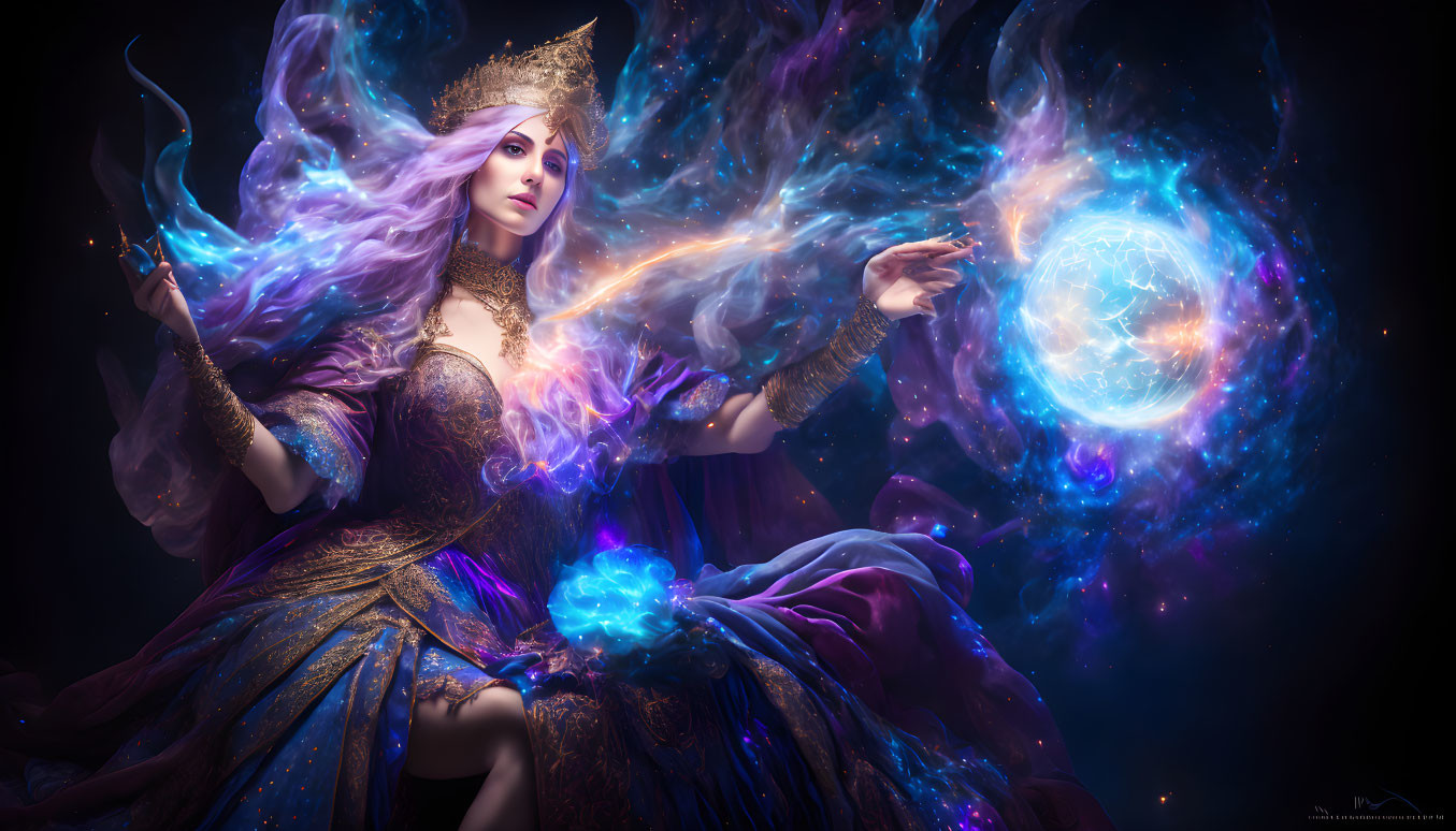 Fantasy sorceress in elaborate attire casting a glowing orb spell