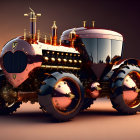 Steampunk-inspired 3D rendered tractor with brass details and intricate mechanics