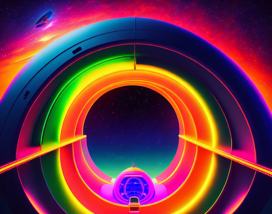 Neon tunnel digital artwork with concentric circles and cosmic backdrop