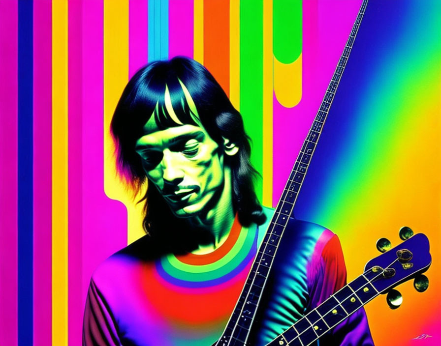 Vibrant portrait of a person with a guitar on rainbow backdrop