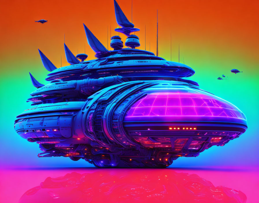 Futuristic spaceship with antennas and neon lights on vibrant gradient background